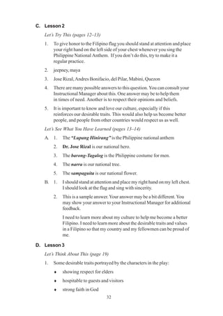32
C. Lesson 2
Let’s Try This (pages 12–13)
1. To give honor to the Filipino flag you should stand at attention and place
your right hand on the left side of your chest whenever you sing the
Philippine National Anthem. If you don’t do this, try to make it a
regular practice.
2. jeepney, maya
3. Jose Rizal,Andres Bonifacio, del Pilar, Mabini, Quezon
4. There are many possible answers to this question.You can consult your
Instructional Manager about this. One answer may be to help them
in times of need. Another is to respect their opinions and beliefs.
5. It is important to know and love our culture, especially if this
reinforces our desirable traits. This would also help us become better
people, and people from other countries would respect us as well.
Let’s See What You Have Learned (pages 13–14)
A. 1. The “Lupang Hinirang” is the Philippine national anthem
2. Dr. Jose Rizal is our national hero.
3. The barong-Tagalog is the Philippine costume for men.
4. The narra is our national tree.
5. The sampaguita is our national flower.
B. 1. I should stand at attention and place my right hand on my left chest.
I should look at the flag and sing with sincerity.
2. This is a sample answer.Your answer may be a bit different.You
may show your answer to your Instructional Manager for additional
feedback.
I need to learn more about my culture to help me become a better
Filipino. I need to learn more about the desirable traits and values
in a Filipino so that my country and my fellowmen can be proud of
me.
D. Lesson 3
Let’s Think About This (page 19)
1. Some desirable traits portrayed by the characters in the play:
♦ showing respect for elders
♦ hospitable to guests and visitors
♦ strong faith in God
 