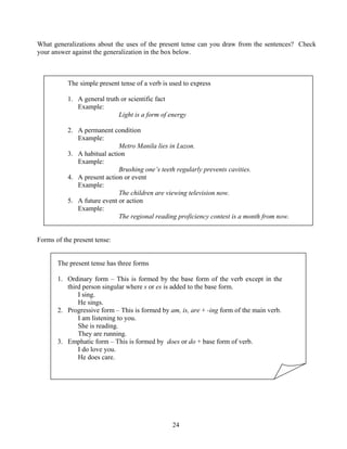 24
What generalizations about the uses of the present tense can you draw from the sentences? Check
your answer against the generalization in the box below.
The simple present tense of a verb is used to express
1. A general truth or scientific fact
Example:
Light is a form of energy
2. A permanent condition
Example:
Metro Manila lies in Luzon.
3. A habitual action
Example:
Brushing one’s teeth regularly prevents cavities.
4. A present action or event
Example:
The children are viewing television now.
5. A future event or action
Example:
The regional reading proficiency contest is a month from now.
Forms of the present tense:
The present tense has three forms
1. Ordinary form – This is formed by the base form of the verb except in the
third person singular where s or es is added to the base form.
I sing.
He sings.
2. Progressive form – This is formed by am, is, are + -ing form of the main verb.
I am listening to you.
She is reading.
They are running.
3. Emphatic form – This is formed by does or do + base form of verb.
I do love you.
He does care.
 