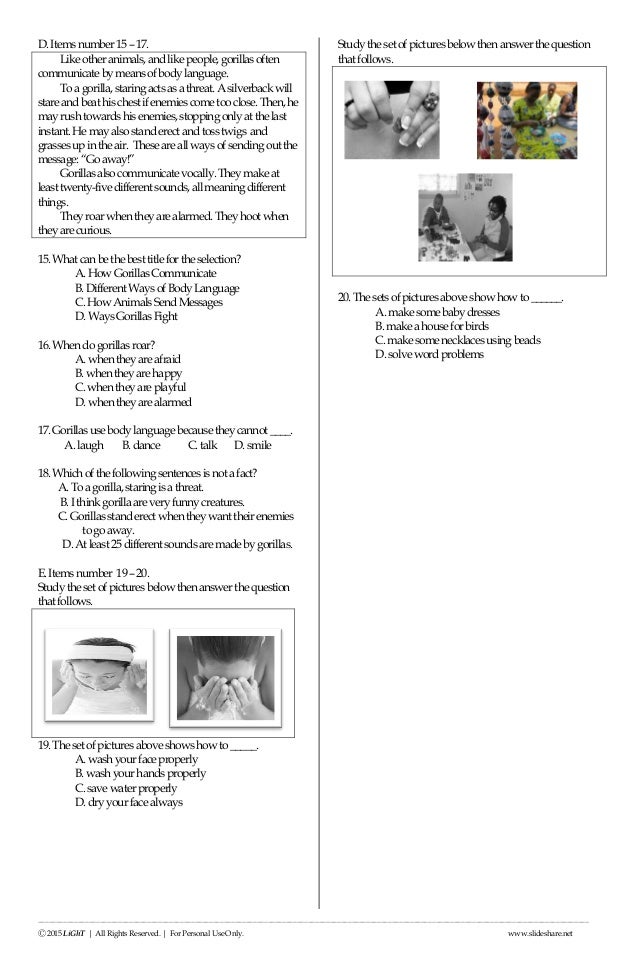 K to 12 Grade 3 ENGLISH READING NAT (National Achievement Test) Rev…