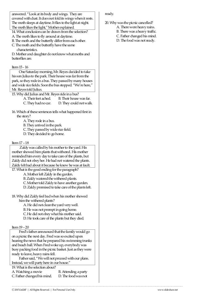 K to 12 Grade 3 ENGLISH READING NAT (National Achievement Test) Rev…