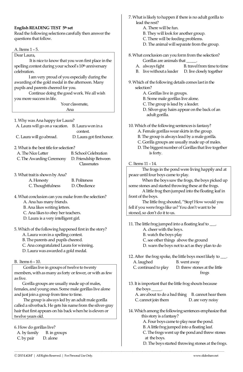 K to 12 Grade 3 ENGLISH READING NAT (National Achievement Test) Rev…