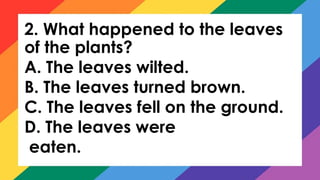 2. What happened to the leaves
of the plants?
A. The leaves wilted.
B. The leaves turned brown.
C. The leaves fell on the ground.
D. The leaves were
eaten.
 