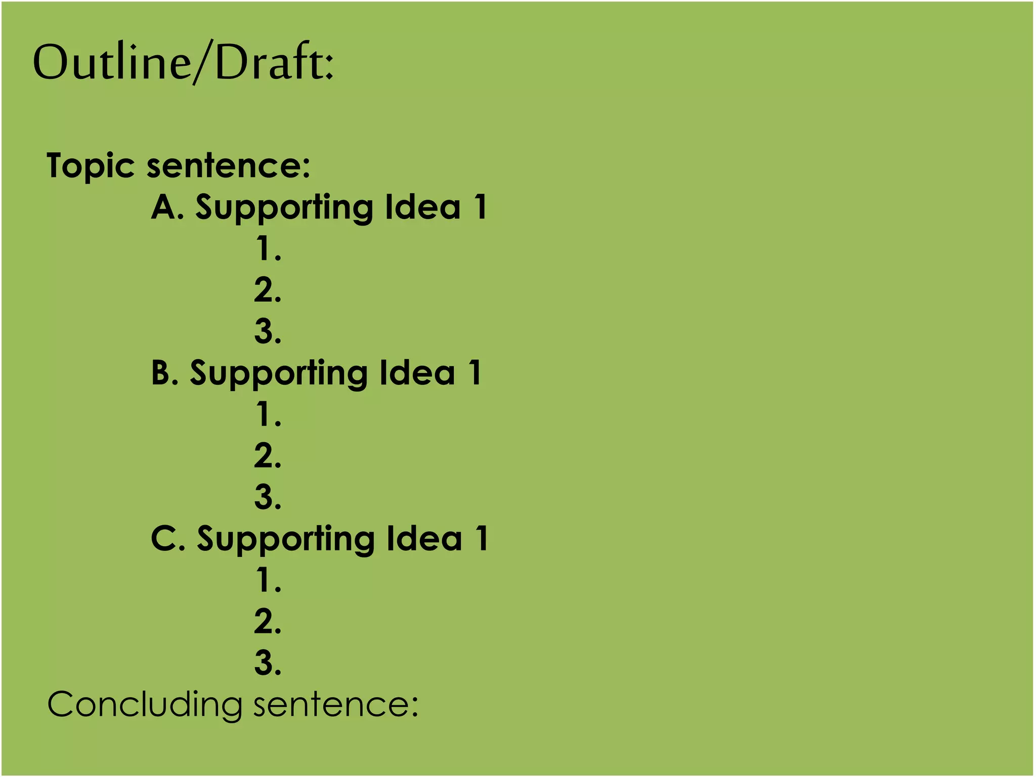 Outline/Draft:
Topic sentence:
A. Supporting Idea 1
1.
2.
3.
B. Supporting Idea 1
1.
2.
3.
C. Supporting Idea 1
1.
2.
3.
Concluding sentence:
 