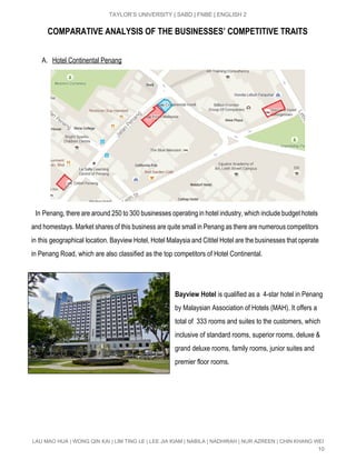  
TAYLOR’S UNIVERSITY | SABD | FNBE | ENGLISH 2 
COMPARATIVE ANALYSIS OF THE BUSINESSES’ COMPETITIVE TRAITS
A. Hotel Continental Penang 
 
In Penang, there are around 250 to 300 businesses operating in hotel industry, which include budget hotels                                   
and homestays. Market shares of this business are quite small in Penang as there are numerous competitors                                 
in this geographical location. Bayview Hotel, Hotel Malaysia and Cititel Hotel are the businesses that operate                               
in Penang Road, which are also classified as the top competitors of Hotel Continental.  
 
 
Bayview Hotel​ is qualified as a  4­star hotel in Penang 
by Malaysian Association of Hotels (MAH). It offers a 
total of  333 rooms and suites to the customers, which 
inclusive of standard rooms, superior rooms, deluxe & 
grand deluxe rooms, family rooms, junior suites and 
premier floor rooms.  
 
 
 
 
LAU MAO HUA | WONG QIN KAI | LIM TING LE | LEE JIA KIAM | NABILA | NADHIRAH | NUR AZREEN | CHIN KHANG WEI 
10 
 