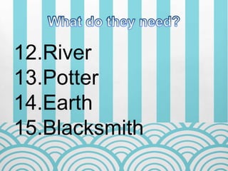 12.River
13.Potter
14.Earth
15.Blacksmith
 