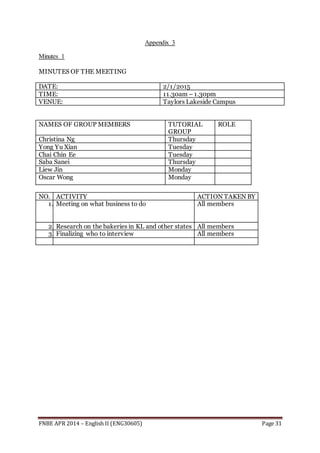 FNBE APR 2014 – English II (ENG30605) Page 31
Appendix 3
Minutes 1
MINUTES OF THE MEETING
DATE: 2/1/2015
TIME: 11.30am – 1.30pm
VENUE: Taylors Lakeside Campus
NAMES OF GROUP MEMBERS TUTORIAL
GROUP
ROLE
Christina Ng Thursday
Yong Yu Xian Tuesday
Chai Chin Ee Tuesday
Saba Sanei Thursday
Liew Jin Monday
Oscar Wong Monday
NO. ACTIVITY ACTION TAKEN BY
1. Meeting on what business to do All members
2. Research on the bakeries in KL and other states All members
3. Finalizing who to interview All members
 
