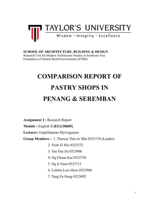 SCHOOL OF ARCHITECTURE, BUILDING & DESIGN
Research Unit for Modern Architecture Studies in Southeast Asia
Foundation of Natural Build Environments (FNBE)
COMPARISON REPORT OF
PASTRY SHOPS IN
PENANG & SEREMBAN
Assignment 2 : Research Report
Module : English II [ELG30605]
Lecturer: GopiGhantan Mylvaganam
Group Members : 1. Theresa Thia Ai Min 0323170 (Leader)
2. Teoh Zi Wei 0323372
3. Tan Yan Jie 0323906
4. Ng Chuan Kai 0323738
5. Ng Ji Yann 0323713
6. Lettitia Lois Hiew 0323908
7. Tang Fu Hong 0323092
1
 