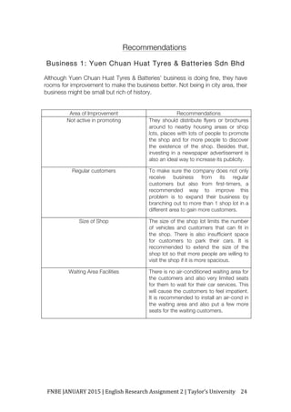 FNBE	JANUARY	2015	|	English	Research	Assignment	2	|	Taylor’s	University	 24	
Recommendations
Business 1: Yuen Chuan Huat Tyres & Batteries Sdn Bhd
Although Yuen Chuan Huat Tyres & Batteries’ business is doing fine, they have
rooms for improvement to make the business better. Not being in city area, their
business might be small but rich of history.
Area of Improvement Recommendations
Not active in promoting They should distribute flyers or brochures
around to nearby housing areas or shop
lots, places with lots of people to promote
the shop and for more people to discover
the existence of the shop. Besides that,
investing in a newspaper advertisement is
also an ideal way to increase its publicity.
Regular customers To make sure the company does not only
receive business from its regular
customers but also from first-timers, a
recommended way to improve this
problem is to expand their business by
branching out to more than 1 shop lot in a
different area to gain more customers.
Size of Shop The size of the shop lot limits the number
of vehicles and customers that can fit in
the shop. There is also insufficient space
for customers to park their cars. It is
recommended to extend the size of the
shop lot so that more people are willing to
visit the shop if it is more spacious.
Waiting Area Facilities There is no air-conditioned waiting area for
the customers and also very limited seats
for them to wait for their car services. This
will cause the customers to feel impatient.
It is recommended to install an air-cond in
the waiting area and also put a few more
seats for the waiting customers.
 