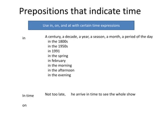 Prepositions that indicate time 
in 
In time 
on 
Use in, on, and at with certain time expressions 
A century, a decade, a year, a season, a month, a period of the day 
in the 1800s 
in the 1950s 
in 1991 
in the spring 
in february 
in the morning 
in the afternoon 
in the evening 
Not too late, he arrive in time to see the whole show 
 