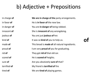 b) Adjective + Prepositions 
in charge of 
in favor of 
in danger of 
innocent of 
jealous of 
kind of 
made of 
proud of 
rid of 
scared of 
sure of 
terrified of 
tired of 
We are in charge of the party arrangements. 
He is in favor of the new law. 
You are in danger of being robbed. 
She is innocent of any wrongdoing. 
You are just jealous of her. 
It was so kind of you to help us. 
This bread is made of all natural ingredients. 
I am very proud of you for graduating. 
They got rid of that old car. 
He is scared of heights. 
Are you absolutely sure of that? 
My friend is terrified of fire 
We are tired of playing games. 
of 
 