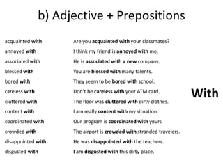 b) Adjective + Prepositions 
acquainted with 
annoyed with 
associated with 
blessed with 
bored with 
careless with 
cluttered with 
content with 
coordinated with 
crowded with 
disappointed with 
disgusted with 
Are you acquainted with your classmates? 
I think my friend is annoyed with me. 
He is associated with a new company. 
You are blessed with many talents. 
They seem to be bored with school. 
Don’t be careless with your ATM card. 
The floor was cluttered with dirty clothes. 
I am really content with my situation. 
Our program is coordinated with yours 
The airport is crowded with stranded travelers. 
He was disappointed with the teachers. 
I am disgusted with this dirty place. 
With 
 