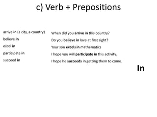 c) Verb + Prepositions 
arrive in (a city, a country) 
believe in 
excel in 
participate in 
succeed in 
When did you arrive in this country? 
Do you believe in love at first sight? 
Your son excels in mathematics 
I hope you will participate in this activity. 
I hope he succeeds in getting them to come. 
In 
 