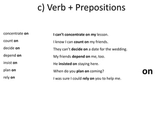 c) Verb + Prepositions 
concentrate on 
count on 
decide on 
depend on 
insist on 
plan on 
rely on 
I can’t concentrate on my lesson. 
I know I can count on my friends. 
They can’t decide on a date for the wedding. 
My friends depend on me, too. 
He insisted on staying here. 
When do you plan on coming? 
I was sure I could rely on you to help me. 
on 
 