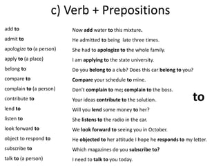 c) Verb + Prepositions 
add to 
admit to 
apologize to (a person) 
apply to (a place) 
belong to 
compare to 
complain to (a person) 
contribute to 
lend to 
listen to 
look forward to 
object to respond to 
subscribe to 
talk to (a person) 
Now add water to this mixture. 
He admitted to being late three times. 
She had to apologize to the whole family. 
I am applying to the state university. 
Do you belong to a club? Does this car belong to you? 
Compare your schedule to mine. 
Don’t complain to me; complain to the boss. 
Your ideas contribute to the solution. 
to 
Will you lend some money to her? 
She listens to the radio in the car. 
We look forward to seeing you in October. 
He objected to her attitude I hope he responds to my letter. 
Which magazines do you subscribe to? 
I need to talk to you today. 
 
