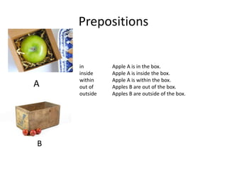 Prepositions 
in 
inside 
within 
out of 
outside 
Apple A is in the box. 
Apple A is inside the box. 
Apple A is within the box. 
Apples B are out of the box. 
Apples B are outside of the box. 
A 
B 
 