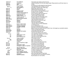 stand out look different 
stand in substitute 
stand by wait 
stand by give support 
take in make smaller 
in give shelter to 
take off remove 
take off leave 
take off not go to work 
take for believe to be 
take on accept responsibility for 
take up pursue an interest 
take up make shorter 
take down write an account of 
take out invite to go out 
take over assume responsibility 
take around give a tour 
tear up destroy 
tear down destroy 
tear out remove 
think of have in one’s mind 
think about have in one’s mind 
think through consider carefully 
think over consider carefully 
think up invent 
throw out discard 
throw away discard 
throw over remove from power 
throw up vomit 
tie in relate 
on attach with a cord 
up immobilize 
up put a cord around 
try on make an effort 
On put on to test 
out use to test 
out audition 
turn on start a machine or light 
turn out end 
turn out extinguish a light 
turn off extinguish a light or machine 
tur to ask for help from 
turn up appear unexpectedly 
in go to bed 
down refuse an offer 
over move halfway around 
away face a different direction 
tear off disappear 
tear out become useless 
That bright color stands out from the rest. 
Cecily is standing in for the main singer tonight. Please stand by; we'll have news in a 
minute. 
He stands by his wife despite her bad behavior. 
The seamstress took my dress in for me. 
She takes in anybody who needs help. 
Please take off your shoes. 
What time did the plane take off? 
Do you think you can take off tomorrow? 
He takes me for a weakling. 
Are you going to take that project on? 
He took up gardening recently. 
I took my skirt up three inches. 
Be sure to take this information down. 
I’d like to take you out sometime. 
That bully always takes over. 
Will you take us around the mall? 
She tore up the paper. 
They tore down the building. 
I tore the check out of the checkbook. 
I’m thinking of you. 
Are you thinking about me? 
We need to think this problem through. 
Before we buy the house, we have to think it over. He thought up a wonderful solution. 
Throw out those tennis shoes. 
Throw away those tennis shoes. 
We will throw that bully over. 
I am sorry you threw up your dinner. 
Your report ties in with our new project. 
Tie a bow on the package. 
They tied up all the telephone lines. 
Help me tie up this box. 
Try to finish on time. 
May I try this dress on? 
May I try this bicycle out? 
She is trying out for the school play. 
You can turn on the light now. 
Everything turned out all right. 
You can turn out the light now. 
You can turn off the machine now. 
I always turn to you when I have a problem. 
He turned up after three years of absence. 
I’m tired. I’m going to turn in. 
He turned down that job. 
Turn over and go to sleep. 
She turned away when he said hello. 
The tread wore off my tires after six months. 
My tires wear out in six months. 
