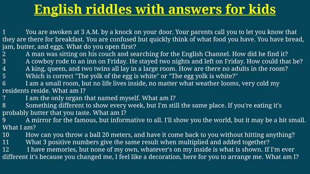 English riddles with answers for kids | PDF | Desserts and Baking ...