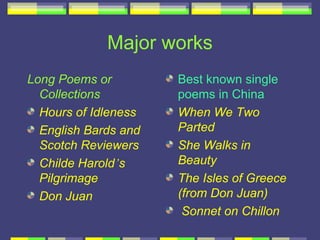 Major works
Long Poems or         Best known single
  Collections         poems in China
  Hours of Idleness   When We Two
  English Bards and   Parted
  Scotch Reviewers    She Walks in
  Childe Harold’s     Beauty
  Pilgrimage          The Isles of Greece
  Don Juan            (from Don Juan)
                       Sonnet on Chillon
 