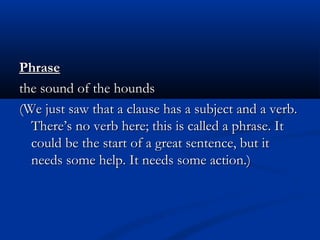 PhrasePhrase
the sound of the houndsthe sound of the hounds
(We just saw that a clause has a subject and a verb.(We just s...