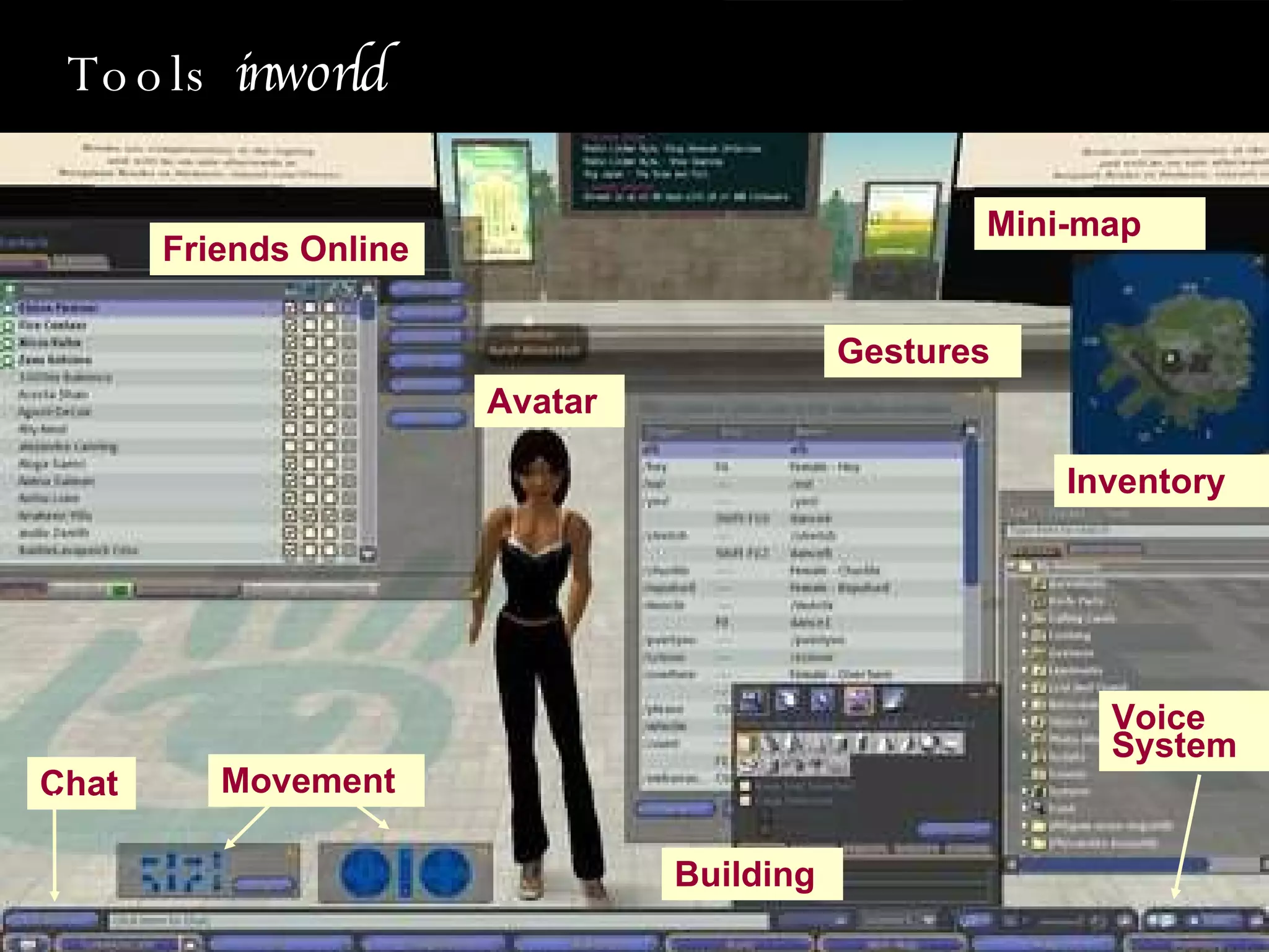 Tools  inworld Inventory Gestures Mini-map Friends Online Chat Building Movement Avatar Voice System 