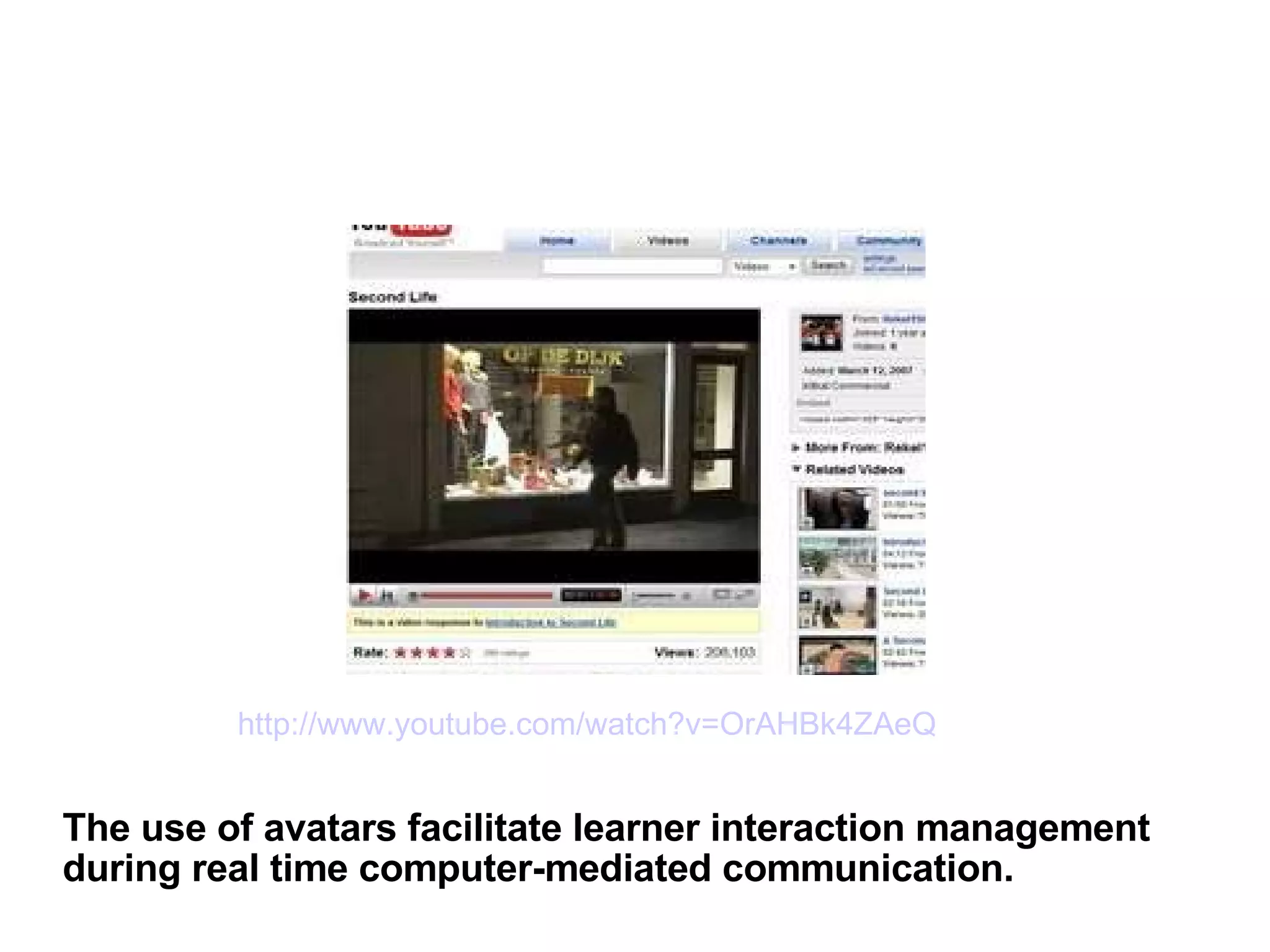 The use of avatars facilitate learner interaction management during real time computer-mediated communication.  http://www.youtube.com/watch?v=OrAHBk4ZAeQ 