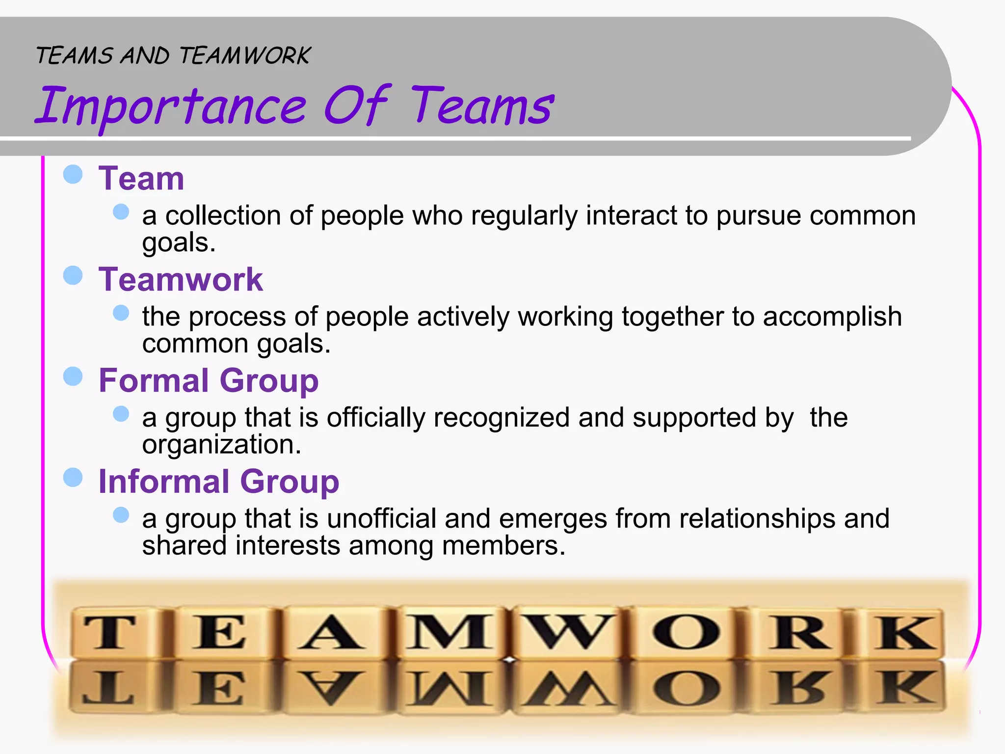 TEAMS AND TEAMWORK
Importance Of Teams
Team
a collection of people who regularly interact to pursue common
goals.
Teamwork
the process of people actively working together to accomplish
common goals.
Formal Group
a group that is officially recognized and supported by the
organization.
Informal Group
a group that is unofficial and emerges from relationships and
shared interests among members.
 