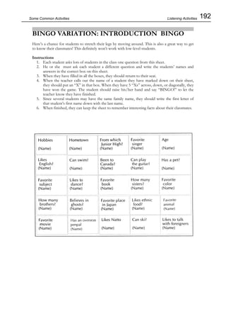 192Some Common Activities
BINGO VARIATION: INTRODUCTION BINGO
Here’s a chance for students to stretch their legs by moving around. This is also a great way to get
to know their classmates! This definitely won’t work with low-level students.
Instructions
1. Each student asks lots of students in the class one question from this sheet.
2. He or she must ask each student a different question and write the students’ names and
answers in the correct box on this sheet.
3. When they have filled in all the boxes, they should return to their seat.
4. When the teacher calls out the name of a student they have marked down on their sheet,
they should put an “X” in that box. When they have 5 “Xs” across, down, or diagonally, they
have won the game. The student should raise his/her hand and say “BINGO!” to let the
teacher know they have finished.
5. Since several students may have the same family name, they should write the first letter of
that student’s first name down with the last name.
6. When finished, they can keep the sheet to remember interesting facts about their classmates.
Listening Activities
 