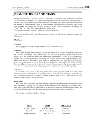 195Some Common Activities
JAPANESE IDOLS AND STARS
It helps tremendously to know the names of a few teen idol singers, stars, and sports celebrities.
The students will be surprised and impressed that you know and are interested in the same things as
they are. Even by just mentioning a few names, you can quickly inject some enthusiasm into a class.
It is possible to structure whole classes by substituting the information you have on the stars for the
usual textbook information. Or tap your creativity; dream up such possibilities as playing the
“True/False”, or “Who Am I” games with data on the idols.
One thing to remember is that the information should be current.
In any case, a quick search on the Internet can provide you with current pictures, posters, and
information.
Idol Game
Materials:
Two large pieces of poster-board; markers (or blackboard and chalk).
Procedure:
First, divide the class into two teams. Choose one person from Team 1. That person must select
one category, either Boys, Girls, or Cartoons. Then the same person selects one name from the
category he or she has chosen. Lastly, the student must choose either a 10, 20, or 50-point question.
Explain that 10-point questions are the easiest and 50-point questions are the most difficult. After
selecting the question, the students listen while the teacher reads it out loud. Then, the team (as a
group) can have a minute or two to discuss the answer, but the student whom the teacher originally
chose should give the answer. If the answer is correct, the team receives the corresponding number
of points. If it is not correct, the corresponding number of points is subtracted as a penalty.
Variations:
If one team is way ahead of the other, make the 50-point questions worth more. Make deals
with the students. On the bottom of either the “Boys” or “Girls” card, enter your own name and
make up some questions about yourself. After all, ALTs are stars, too! It’s a good way to see if the
students understood your self-introduction.
Application:
This game works well with 2nd and 3rd year junior high school students. Use bright colours
when making the cards. Be sure that they are legible. Pictures of the stars pasted next to their names
make it even more fun. High school students are sometimes more interested in foreign singers and
movie stars than Japanese idols. The game can also be made using foreign personalities.
Arrange the poster-board cards as follows:
Communication Activities
BOYS GIRLS CARTOONS
SUZUKI Ichiro MAEDA Atsuko Sazae-san
ARASHI Kyary Pamyu Pamyu Doraemon
HONDA Keisuke YAMADA Yu Anpanman
 