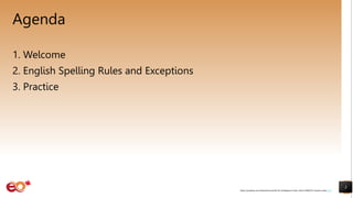 Agenda
1. Welcome
2. English Spelling Rules and Exceptions
3. Practice
3
https://pixabay.com/illustrations/artificial-intelligence-brain-think-4389372/ shared under CC0
 