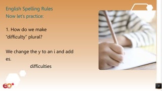 English Spelling Rules
1. How do we make
“difficulty” plural?
We change the y to an i and add
es.
difficulties
30
Now let’s practice:
 