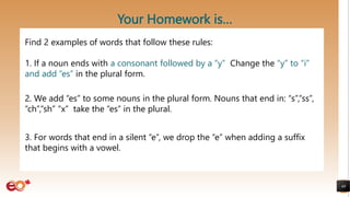 Your Homework is…
48
Find 2 examples of words that follow these rules:
1. If a noun ends with a consonant followed by a “y” Change the “y” to “i”
and add “es” in the plural form.
2. We add “es” to some nouns in the plural form. Nouns that end in: “s”,“ss”,
“ch”,“sh” “x” take the “es” in the plural.
3. For words that end in a silent “e”, we drop the “e” when adding a suffix
that begins with a vowel.
 