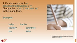 1. If a noun ends with a
consonant followed by a “y”
Change the “y” to “i” and add “es”
in the plural form.
Examples:
baby babies
country countries
sky skies
 