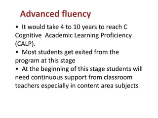 Advanced fluency
• It would take 4 to 10 years to reach C
Cognitive Academic Learning Proficiency
(CALP).
• Most students get exited from the
program at this stage
• At the beginning of this stage students will
need continuous support from classroom
teachers especially in content area subjects.
 