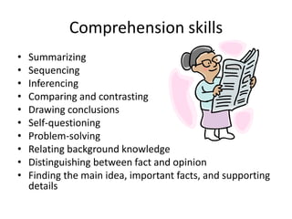 Comprehension skills
• Summarizing
• Sequencing
• Inferencing
• Comparing and contrasting
• Drawing conclusions
• Self-questioning
• Problem-solving
• Relating background knowledge
• Distinguishing between fact and opinion
• Finding the main idea, important facts, and supporting
details
 