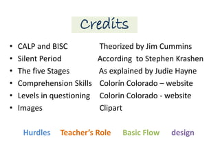 Credits
• CALP and BISC Theorized by Jim Cummins
• Silent Period According to Stephen Krashen
• The five Stages As explained by Judie Hayne
• Comprehension Skills Colorín Colorado – website
• Levels in questioning Colorin Colorado - website
• Images Clipart
Hurdles Teacher’s Role Basic Flow design
 