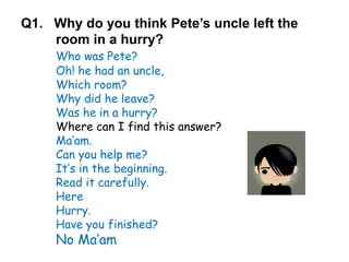 Q1. Why do you think Pete’s uncle left the
room in a hurry?
Who was Pete?
Oh! he had an uncle,
Which room?
Why did he leave?
Was he in a hurry?
Where can I find this answer?
Ma’am.
Can you help me?
It’s in the beginning.
Read it carefully.
Here
Hurry.
Have you finished?
No Ma’am
 