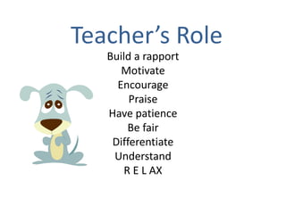 Teacher’s Role
Build a rapport
Motivate
Encourage
Praise
Have patience
Be fair
Differentiate
Understand
R E L AX
 