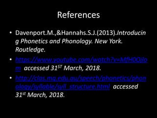 References
• Davenport.M.,&Hannahs.S.J.(2013).Introducin
g Phonetics and Phonology. New York.
Routledge.
• https://www.youtube.com/watch?v=MfH0Ojlo
m accessed 31ST March, 2018.
• http://clas.mq.edu.au/speech/phonetics/phon
ology/syllable/syll_structure.html accessed
31st March, 2018.
 