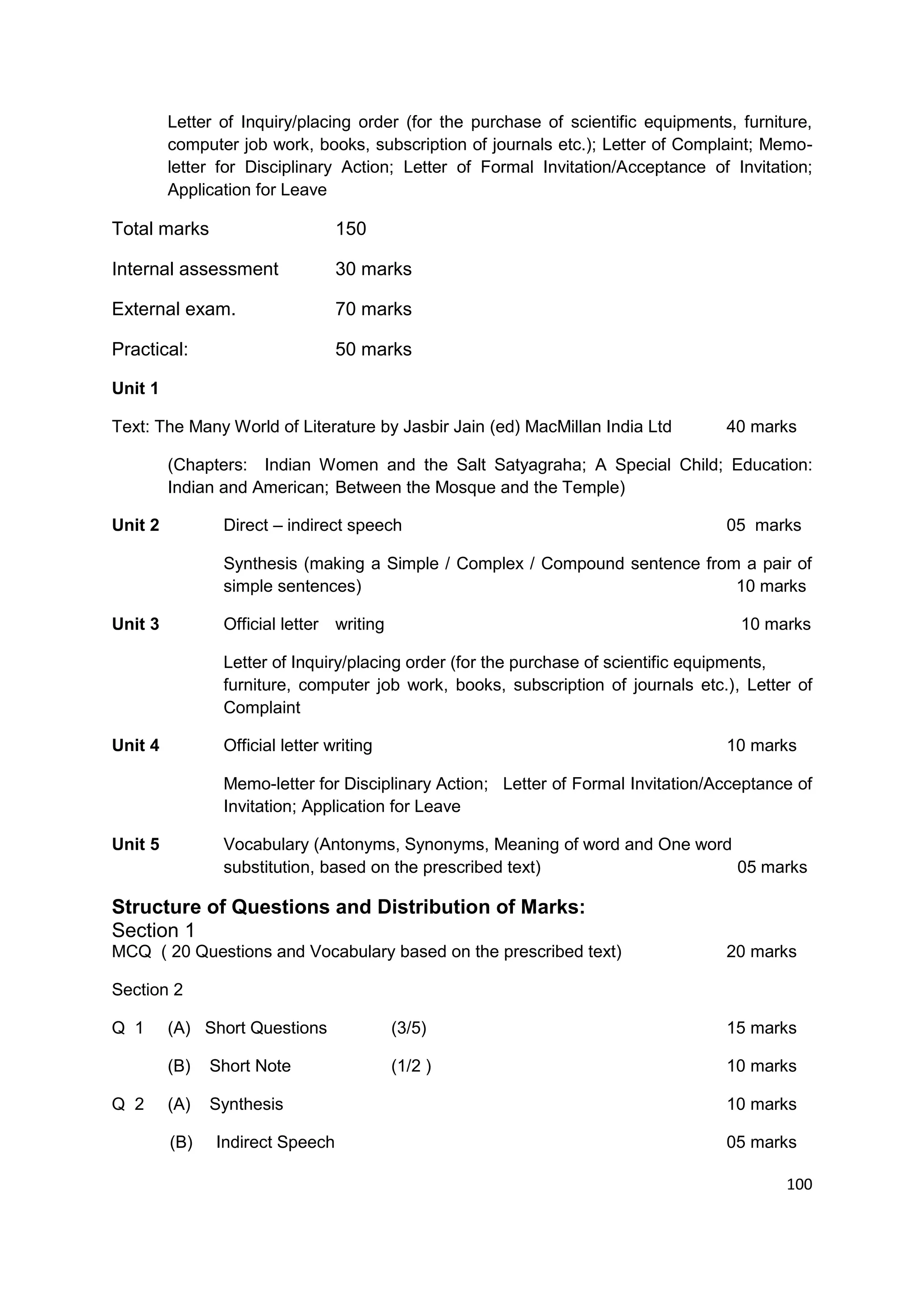 Letter of Inquiry/placing order (for the purchase of scientific equipments, furniture,
         computer job work, books, subscription of journals etc.); Letter of Complaint; Memo-
         letter for Disciplinary Action; Letter of Formal Invitation/Acceptance of Invitation;
         Application for Leave

Total marks                      150

Internal assessment              30 marks

External exam.                   70 marks

Practical:                       50 marks

Unit 1

Text: The Many World of Literature by Jasbir Jain (ed) MacMillan India Ltd         40 marks

         (Chapters: Indian Women and the Salt Satyagraha; A Special Child; Education:
         Indian and American; Between the Mosque and the Temple)

Unit 2          Direct – indirect speech                                           05 marks

                Synthesis (making a Simple / Complex / Compound sentence from a pair of
                simple sentences)                                            10 marks

Unit 3          Official letter writing                                              10 marks

                Letter of Inquiry/placing order (for the purchase of scientific equipments,
                furniture, computer job work, books, subscription of journals etc.), Letter of
                Complaint

Unit 4          Official letter writing                                            10 marks

                Memo-letter for Disciplinary Action; Letter of Formal Invitation/Acceptance of
                Invitation; Application for Leave

Unit 5          Vocabulary (Antonyms, Synonyms, Meaning of word and One word
                substitution, based on the prescribed text)                  05 marks

Structure of Questions and Distribution of Marks:
Section 1
MCQ ( 20 Questions and Vocabulary based on the prescribed text)                    20 marks

Section 2

Q 1      (A) Short Questions              (3/5)                                    15 marks

         (B)   Short Note                 (1/2 )                                   10 marks

Q 2      (A)   Synthesis                                                           10 marks

         (B)   Indirect Speech                                                     05 marks

                                                                                           100
 
