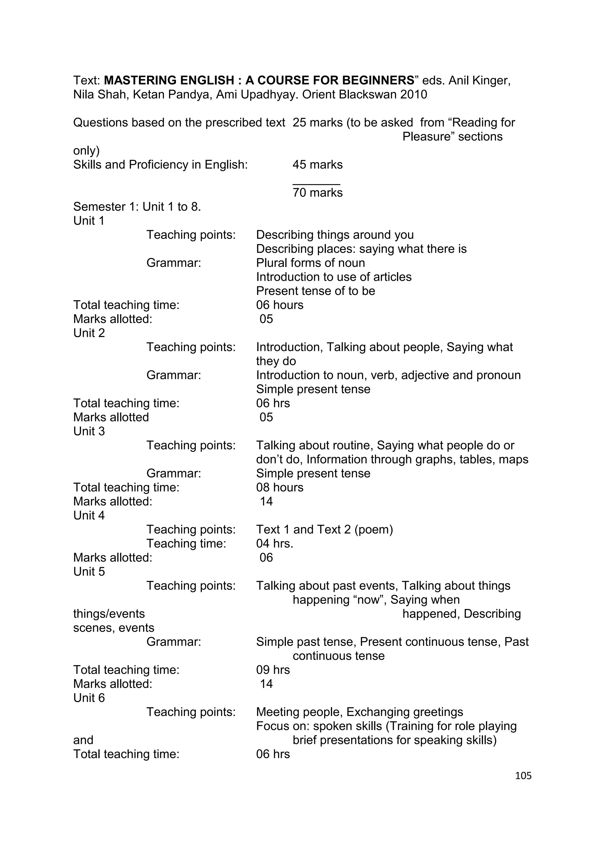 Text: MASTERING ENGLISH : A COURSE FOR BEGINNERS‟ eds. Anil Kinger,
Nila Shah, Ketan Pandya, Ami Upadhyay. Orient Blackswan 2010

Questions based on the prescribed text 25 marks (to be asked from “Reading for
                                                                 Pleasure” sections
only)
Skills and Proficiency in English:         45 marks
                                           _______
                                           70 marks
Semester 1: Unit 1 to 8.
Unit 1
              Teaching points:     Describing things around you
                                   Describing places: saying what there is
              Grammar:             Plural forms of noun
                                   Introduction to use of articles
                                   Present tense of to be
Total teaching time:               06 hours
Marks allotted:                     05
Unit 2
              Teaching points:     Introduction, Talking about people, Saying what
                                   they do
              Grammar:             Introduction to noun, verb, adjective and pronoun
                                   Simple present tense
Total teaching time:               06 hrs
Marks allotted                      05
Unit 3
              Teaching points:     Talking about routine, Saying what people do or
                                   don‟t do, Information through graphs, tables, maps
              Grammar:             Simple present tense
Total teaching time:               08 hours
Marks allotted:                     14
Unit 4
              Teaching points:     Text 1 and Text 2 (poem)
              Teaching time:       04 hrs.
Marks allotted:                     06
Unit 5
              Teaching points:     Talking about past events, Talking about things
                                           happening “now‟, Saying when
things/events                                                    happened, Describing
scenes, events
              Grammar:             Simple past tense, Present continuous tense, Past
                                           continuous tense
Total teaching time:               09 hrs
Marks allotted:                     14
Unit 6
              Teaching points:     Meeting people, Exchanging greetings
                                   Focus on: spoken skills (Training for role playing
and                                        brief presentations for speaking skills)
Total teaching time:               06 hrs
                                                                                  105
 