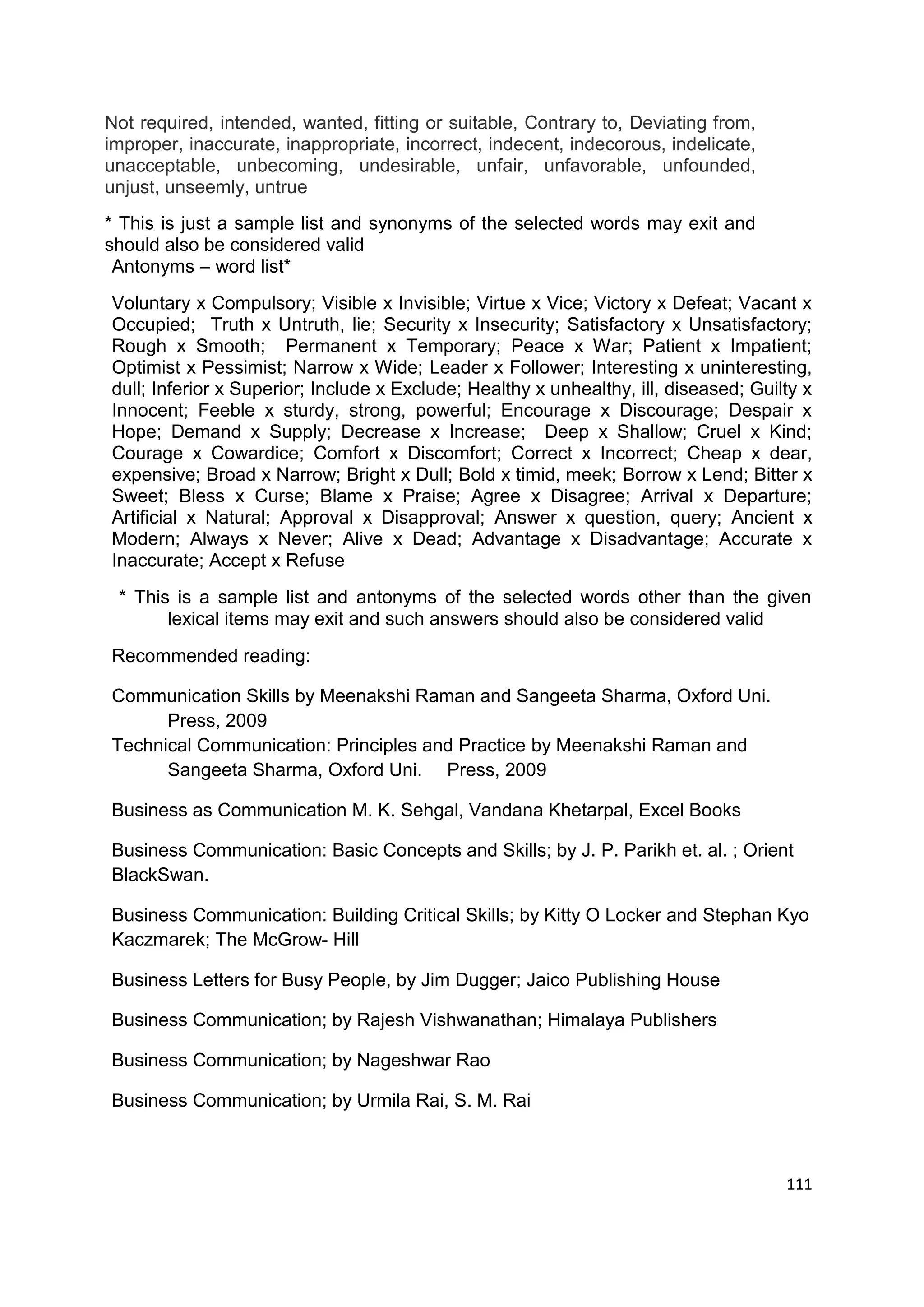 Not required, intended, wanted, fitting or suitable, Contrary to, Deviating from,
improper, inaccurate, inappropriate, incorrect, indecent, indecorous, indelicate,
unacceptable, unbecoming, undesirable, unfair, unfavorable, unfounded,
unjust, unseemly, untrue
* This is just a sample list and synonyms of the selected words may exit and
should also be considered valid
 Antonyms – word list*
Voluntary x Compulsory; Visible x Invisible; Virtue x Vice; Victory x Defeat; Vacant x
Occupied; Truth x Untruth, lie; Security x Insecurity; Satisfactory x Unsatisfactory;
Rough x Smooth; Permanent x Temporary; Peace x War; Patient x Impatient;
Optimist x Pessimist; Narrow x Wide; Leader x Follower; Interesting x uninteresting,
dull; Inferior x Superior; Include x Exclude; Healthy x unhealthy, ill, diseased; Guilty x
Innocent; Feeble x sturdy, strong, powerful; Encourage x Discourage; Despair x
Hope; Demand x Supply; Decrease x Increase; Deep x Shallow; Cruel x Kind;
Courage x Cowardice; Comfort x Discomfort; Correct x Incorrect; Cheap x dear,
expensive; Broad x Narrow; Bright x Dull; Bold x timid, meek; Borrow x Lend; Bitter x
Sweet; Bless x Curse; Blame x Praise; Agree x Disagree; Arrival x Departure;
Artificial x Natural; Approval x Disapproval; Answer x question, query; Ancient x
Modern; Always x Never; Alive x Dead; Advantage x Disadvantage; Accurate x
Inaccurate; Accept x Refuse
 * This is a sample list and antonyms of the selected words other than the given
       lexical items may exit and such answers should also be considered valid
Recommended reading:

Communication Skills by Meenakshi Raman and Sangeeta Sharma, Oxford Uni.
      Press, 2009
Technical Communication: Principles and Practice by Meenakshi Raman and
      Sangeeta Sharma, Oxford Uni. Press, 2009

Business as Communication M. K. Sehgal, Vandana Khetarpal, Excel Books

Business Communication: Basic Concepts and Skills; by J. P. Parikh et. al. ; Orient
BlackSwan.

Business Communication: Building Critical Skills; by Kitty O Locker and Stephan Kyo
Kaczmarek; The McGrow- Hill

Business Letters for Busy People, by Jim Dugger; Jaico Publishing House

Business Communication; by Rajesh Vishwanathan; Himalaya Publishers

Business Communication; by Nageshwar Rao

Business Communication; by Urmila Rai, S. M. Rai



                                                                                      111
 