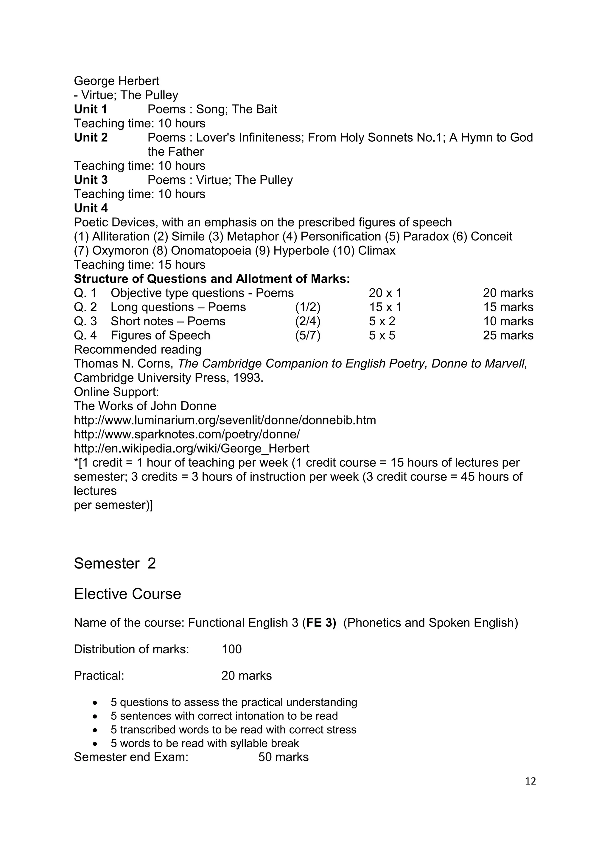 George Herbert
- Virtue; The Pulley
Unit 1          Poems : Song; The Bait
Teaching time: 10 hours
Unit 2          Poems : Lover's Infiniteness; From Holy Sonnets No.1; A Hymn to God
                the Father
Teaching time: 10 hours
Unit 3          Poems : Virtue; The Pulley
Teaching time: 10 hours
Unit 4
Poetic Devices, with an emphasis on the prescribed figures of speech
(1) Alliteration (2) Simile (3) Metaphor (4) Personification (5) Paradox (6) Conceit
(7) Oxymoron (8) Onomatopoeia (9) Hyperbole (10) Climax
Teaching time: 15 hours
Structure of Questions and Allotment of Marks:
Q. 1 Objective type questions - Poems                     20 x 1               20 marks
Q. 2 Long questions – Poems                (1/2)          15 x 1               15 marks
Q. 3 Short notes – Poems                   (2/4)          5x2                  10 marks
Q. 4 Figures of Speech                     (5/7)          5x5                  25 marks
Recommended reading
Thomas N. Corns, The Cambridge Companion to English Poetry, Donne to Marvell,
Cambridge University Press, 1993.
Online Support:
The Works of John Donne
http://www.luminarium.org/sevenlit/donne/donnebib.htm
http://www.sparknotes.com/poetry/donne/
http://en.wikipedia.org/wiki/George_Herbert
*[1 credit = 1 hour of teaching per week (1 credit course = 15 hours of lectures per
semester; 3 credits = 3 hours of instruction per week (3 credit course = 45 hours of
lectures
per semester)]



Semester 2
Elective Course
Name of the course: Functional English 3 (FE 3) (Phonetics and Spoken English)

Distribution of marks:       100

Practical:                   20 marks

      5 questions to assess the practical understanding
      5 sentences with correct intonation to be read
      5 transcribed words to be read with correct stress
      5 words to be read with syllable break
Semester end Exam:                  50 marks
                                                                                     12
 