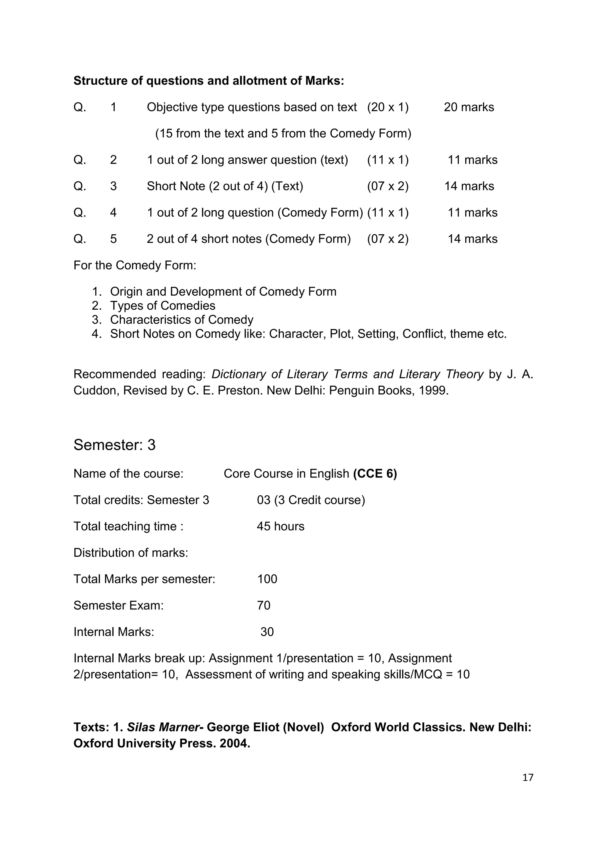 Structure of questions and allotment of Marks:

Q.        1     Objective type questions based on text (20 x 1)         20 marks

                  (15 from the text and 5 from the Comedy Form)

Q.        2     1 out of 2 long answer question (text)      (11 x 1)    11 marks

Q.        3     Short Note (2 out of 4) (Text)              (07 x 2)    14 marks

Q.        4     1 out of 2 long question (Comedy Form) (11 x 1)         11 marks

Q.        5     2 out of 4 short notes (Comedy Form)        (07 x 2)    14 marks

For the Comedy Form:

     1.   Origin and Development of Comedy Form
     2.   Types of Comedies
     3.   Characteristics of Comedy
     4.   Short Notes on Comedy like: Character, Plot, Setting, Conflict, theme etc.


Recommended reading: Dictionary of Literary Terms and Literary Theory by J. A.
Cuddon, Revised by C. E. Preston. New Delhi: Penguin Books, 1999.



Semester: 3
Name of the course:            Core Course in English (CCE 6)

Total credits: Semester 3            03 (3 Credit course)

Total teaching time :                45 hours

Distribution of marks:

Total Marks per semester:            100

Semester Exam:                       70

Internal Marks:                       30

Internal Marks break up: Assignment 1/presentation = 10, Assignment
2/presentation= 10, Assessment of writing and speaking skills/MCQ = 10



Texts: 1. Silas Marner- George Eliot (Novel) Oxford World Classics. New Delhi:
Oxford University Press. 2004.

                                                                                       17
 