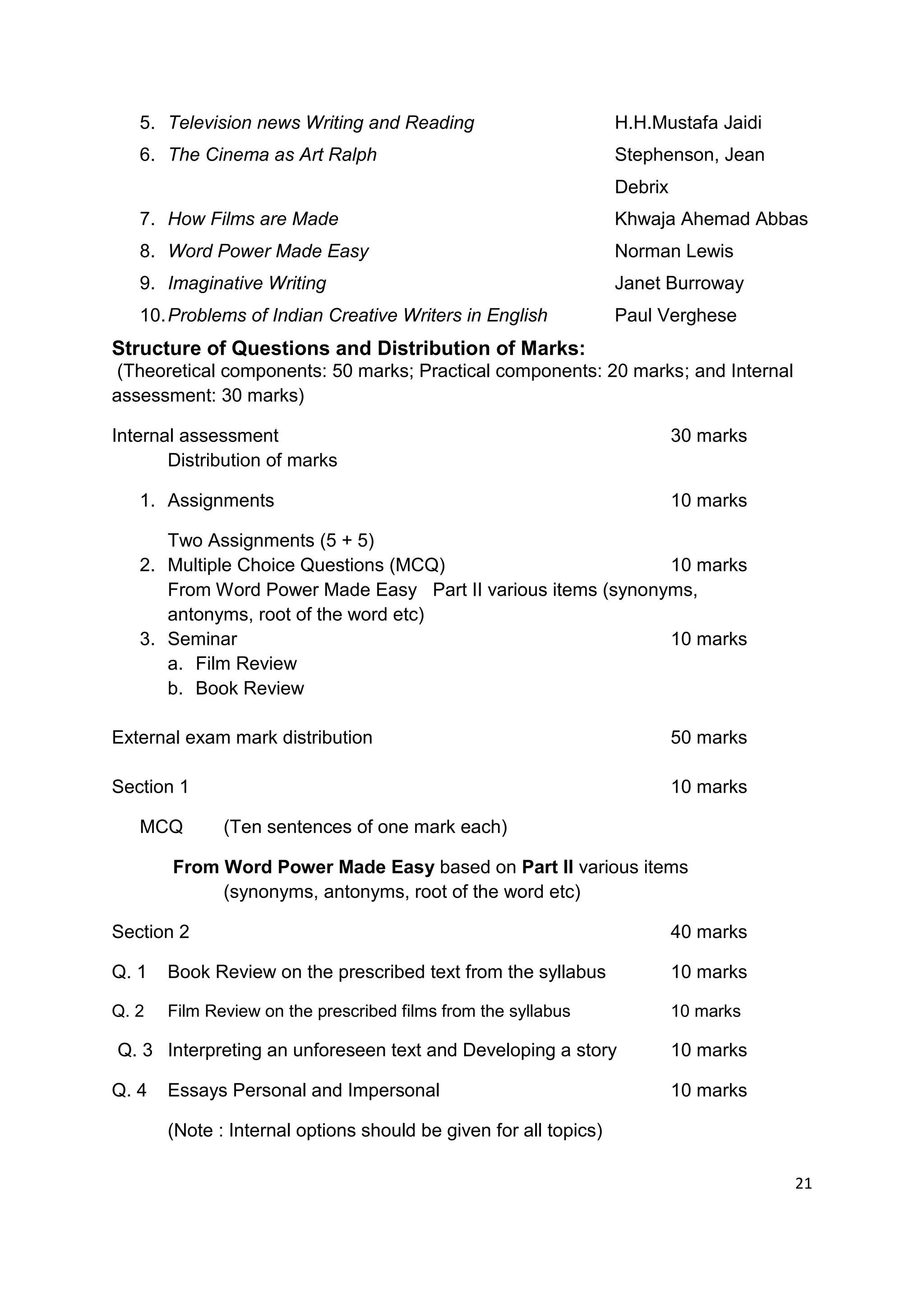5. Television news Writing and Reading                         H.H.Mustafa Jaidi
   6. The Cinema as Art Ralph                                     Stephenson, Jean
                                                                  Debrix
   7. How Films are Made                                          Khwaja Ahemad Abbas
   8. Word Power Made Easy                                        Norman Lewis
   9. Imaginative Writing                                         Janet Burroway
   10. Problems of Indian Creative Writers in English             Paul Verghese
Structure of Questions and Distribution of Marks:
 (Theoretical components: 50 marks; Practical components: 20 marks; and Internal
assessment: 30 marks)

Internal assessment                                                        30 marks
       Distribution of marks

   1. Assignments                                                          10 marks

      Two Assignments (5 + 5)
   2. Multiple Choice Questions (MCQ)                        10 marks
      From Word Power Made Easy Part II various items (synonyms,
      antonyms, root of the word etc)
   3. Seminar                                                10 marks
      a. Film Review
      b. Book Review

External exam mark distribution                                            50 marks

Section 1                                                                  10 marks

   MCQ        (Ten sentences of one mark each)

       From Word Power Made Easy based on Part II various items
            (synonyms, antonyms, root of the word etc)

Section 2                                                                  40 marks

Q. 1   Book Review on the prescribed text from the syllabus                10 marks

Q. 2   Film Review on the prescribed films from the syllabus               10 marks

Q. 3 Interpreting an unforeseen text and Developing a story                10 marks

Q. 4   Essays Personal and Impersonal                                      10 marks

       (Note : Internal options should be given for all topics)

                                                                                      21
 