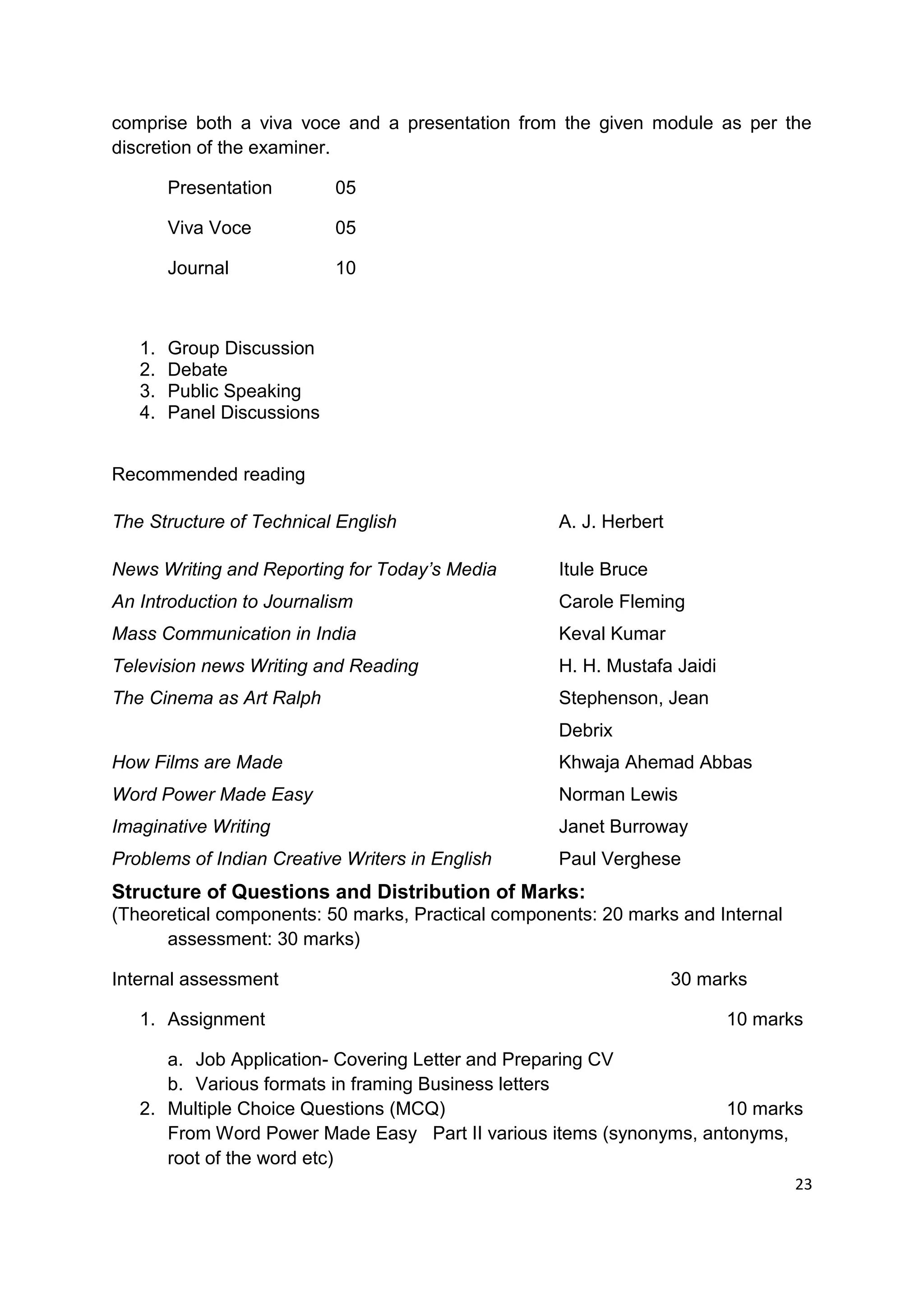comprise both a viva voce and a presentation from the given module as per the
discretion of the examiner.

        Presentation        05

        Viva Voce           05

        Journal             10



   1.   Group Discussion
   2.   Debate
   3.   Public Speaking
   4.   Panel Discussions


Recommended reading

The Structure of Technical English                 A. J. Herbert

News Writing and Reporting for Today’s Media       Itule Bruce
An Introduction to Journalism                      Carole Fleming
Mass Communication in India                        Keval Kumar
Television news Writing and Reading                H. H. Mustafa Jaidi
The Cinema as Art Ralph                            Stephenson, Jean
                                                   Debrix
How Films are Made                                 Khwaja Ahemad Abbas
Word Power Made Easy                               Norman Lewis
Imaginative Writing                                Janet Burroway
Problems of Indian Creative Writers in English     Paul Verghese
Structure of Questions and Distribution of Marks:
(Theoretical components: 50 marks, Practical components: 20 marks and Internal
      assessment: 30 marks)

Internal assessment                                                30 marks

   1. Assignment                                                         10 marks

      a. Job Application- Covering Letter and Preparing CV
      b. Various formats in framing Business letters
   2. Multiple Choice Questions (MCQ)                               10 marks
      From Word Power Made Easy Part II various items (synonyms, antonyms,
      root of the word etc)
                                                                                 23
 