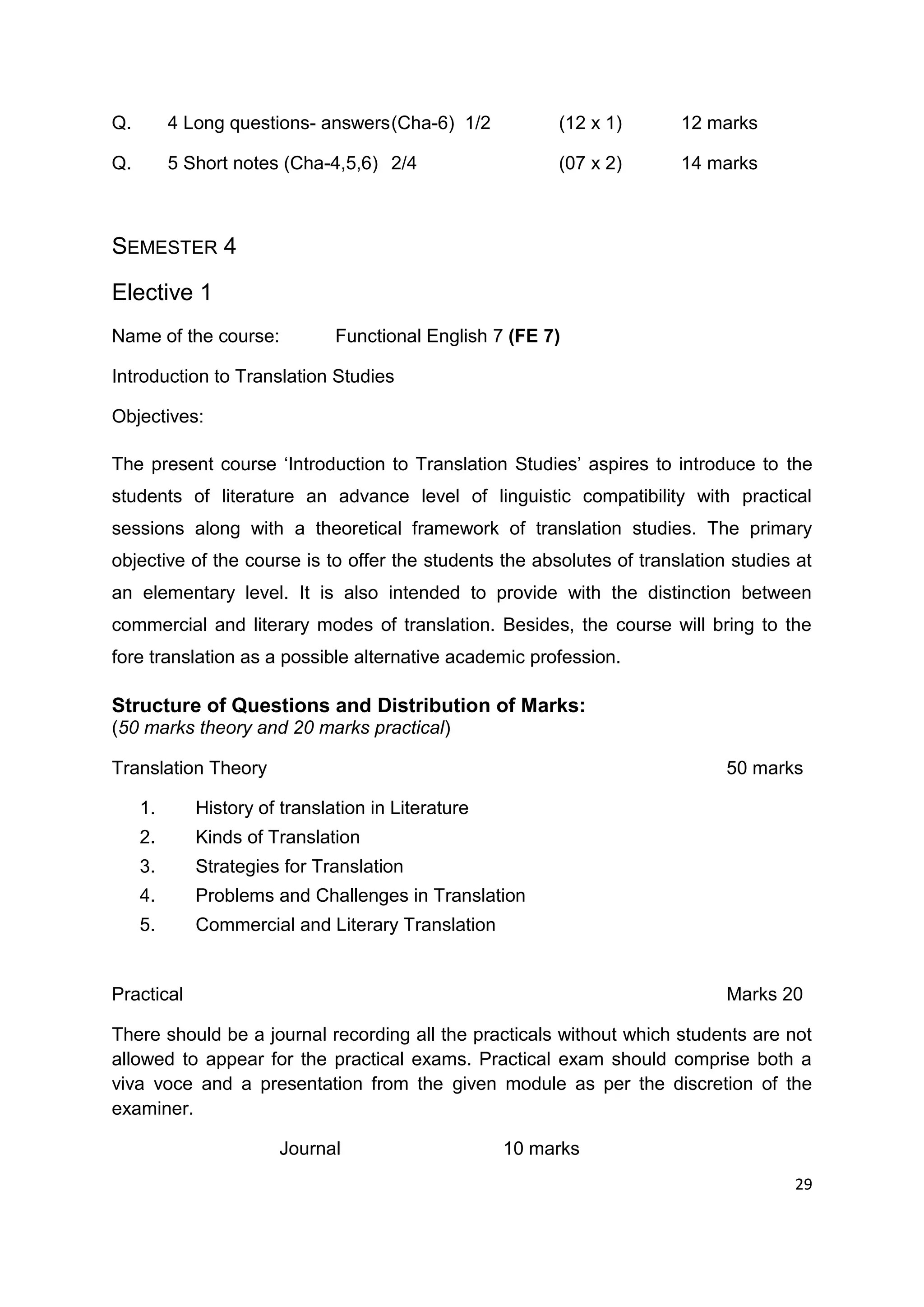 Q.        4 Long questions- answers (Cha-6) 1/2          (12 x 1)      12 marks

Q.        5 Short notes (Cha-4,5,6) 2/4                  (07 x 2)      14 marks



SEMESTER 4
Elective 1
Name of the course:            Functional English 7 (FE 7)

Introduction to Translation Studies

Objectives:

The present course „Introduction to Translation Studies‟ aspires to introduce to the
students of literature an advance level of linguistic compatibility with practical
sessions along with a theoretical framework of translation studies. The primary
objective of the course is to offer the students the absolutes of translation studies at
an elementary level. It is also intended to provide with the distinction between
commercial and literary modes of translation. Besides, the course will bring to the
fore translation as a possible alternative academic profession.

Structure of Questions and Distribution of Marks:
(50 marks theory and 20 marks practical)

Translation Theory                                                           50 marks

     1.      History of translation in Literature
     2.      Kinds of Translation
     3.      Strategies for Translation
     4.      Problems and Challenges in Translation
     5.      Commercial and Literary Translation


Practical                                                                    Marks 20

There should be a journal recording all the practicals without which students are not
allowed to appear for the practical exams. Practical exam should comprise both a
viva voce and a presentation from the given module as per the discretion of the
examiner.

                        Journal                     10 marks
                                                                                     29
 