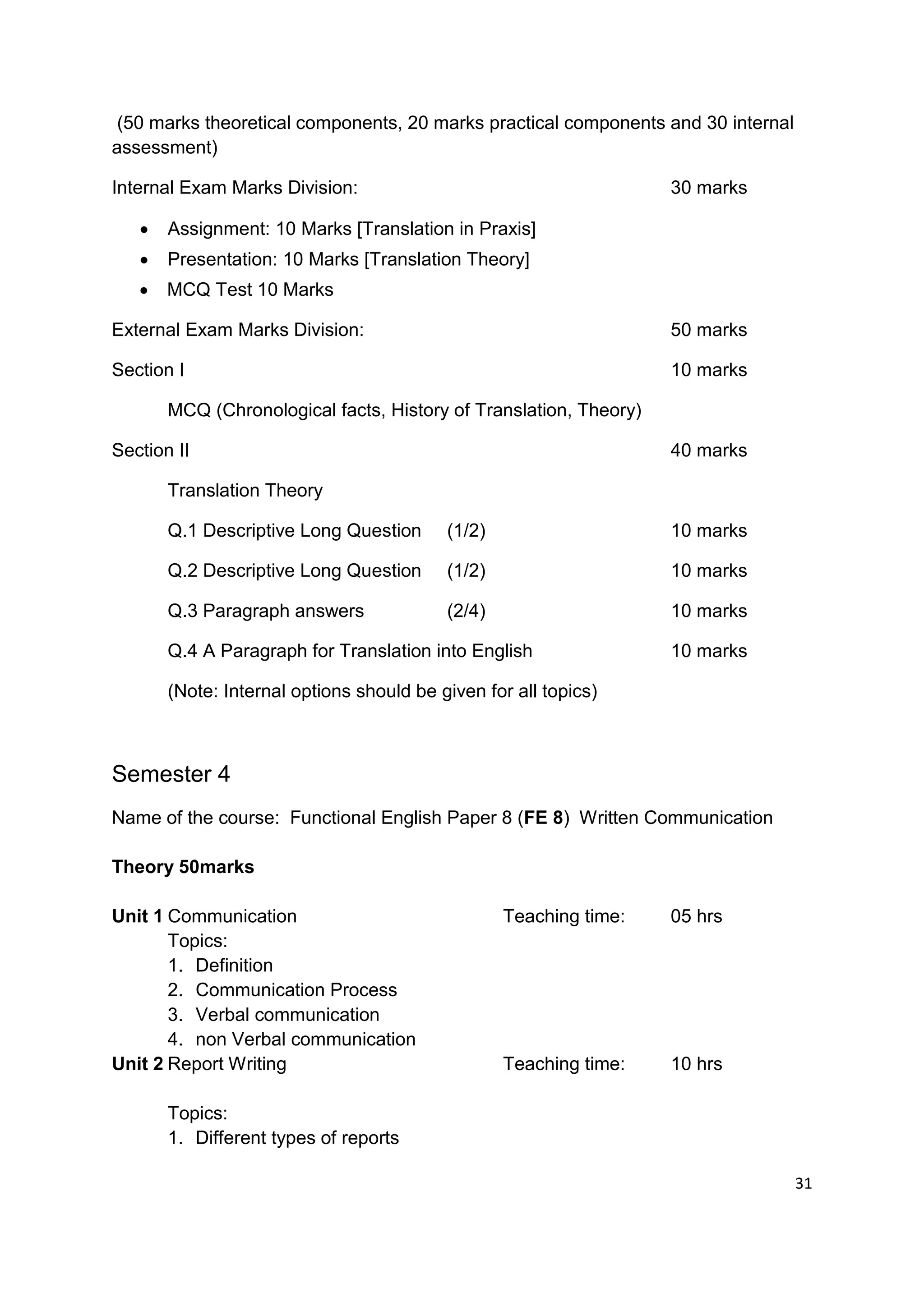 (50 marks theoretical components, 20 marks practical components and 30 internal
assessment)

Internal Exam Marks Division:                                      30 marks

      Assignment: 10 Marks [Translation in Praxis]
      Presentation: 10 Marks [Translation Theory]
      MCQ Test 10 Marks

External Exam Marks Division:                                      50 marks

Section I                                                          10 marks

       MCQ (Chronological facts, History of Translation, Theory)

Section II                                                         40 marks

       Translation Theory

       Q.1 Descriptive Long Question      (1/2)                    10 marks

       Q.2 Descriptive Long Question      (1/2)                    10 marks

       Q.3 Paragraph answers              (2/4)                    10 marks

       Q.4 A Paragraph for Translation into English                10 marks

       (Note: Internal options should be given for all topics)



Semester 4
Name of the course: Functional English Paper 8 (FE 8) Written Communication

Theory 50marks

Unit 1 Communication                              Teaching time:   05 hrs
       Topics:
       1. Definition
       2. Communication Process
       3. Verbal communication
       4. non Verbal communication
Unit 2 Report Writing                             Teaching time:   10 hrs

       Topics:
       1. Different types of reports

                                                                                   31
 