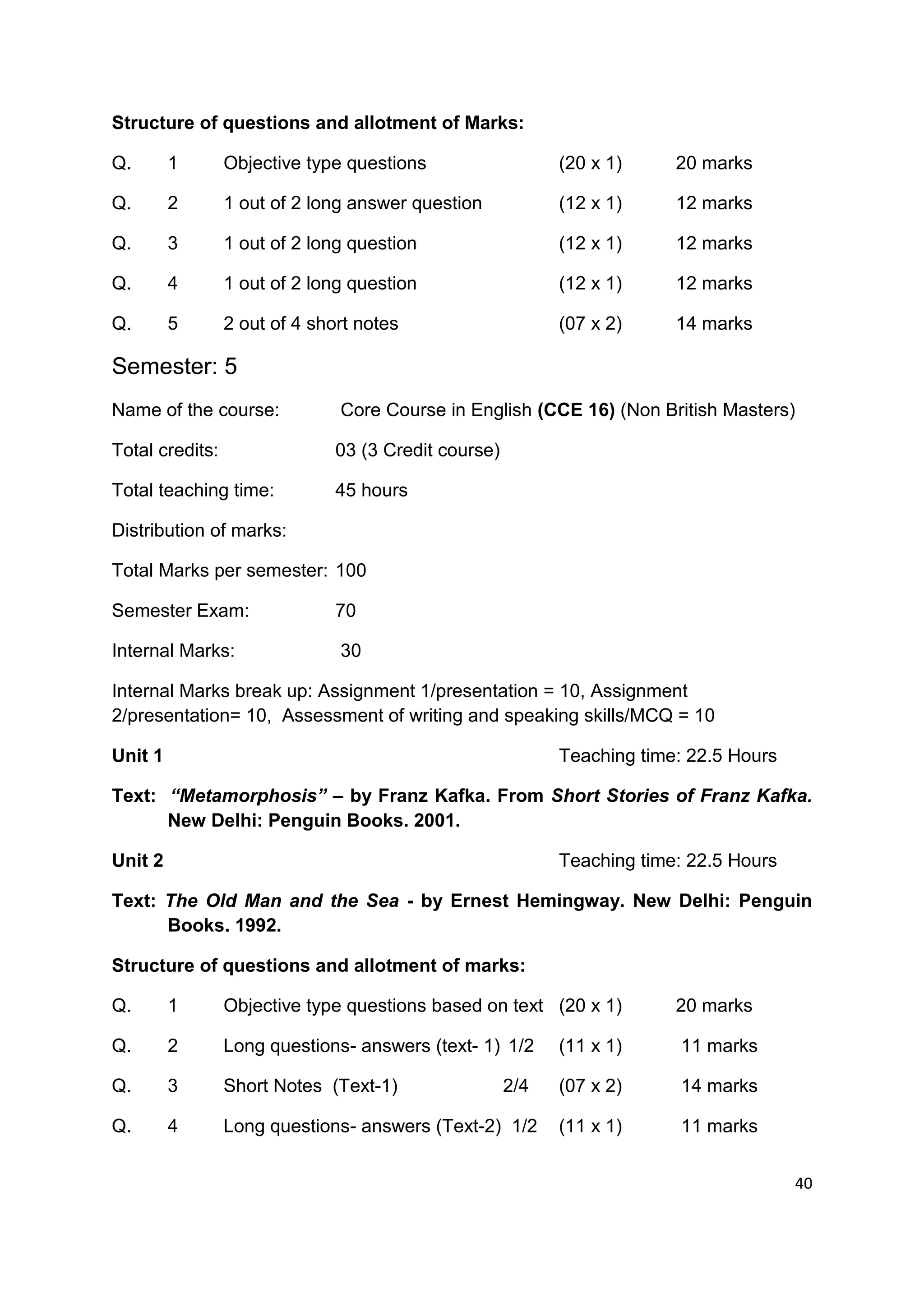 Structure of questions and allotment of Marks:

Q.       1       Objective type questions                   (20 x 1)     20 marks

Q.       2       1 out of 2 long answer question            (12 x 1)     12 marks

Q.       3       1 out of 2 long question                   (12 x 1)     12 marks

Q.       4       1 out of 2 long question                   (12 x 1)     12 marks

Q.       5       2 out of 4 short notes                     (07 x 2)     14 marks

Semester: 5
Name of the course:            Core Course in English (CCE 16) (Non British Masters)

Total credits:                 03 (3 Credit course)

Total teaching time:           45 hours

Distribution of marks:

Total Marks per semester: 100

Semester Exam:                 70

Internal Marks:                30

Internal Marks break up: Assignment 1/presentation = 10, Assignment
2/presentation= 10, Assessment of writing and speaking skills/MCQ = 10

Unit 1                                                      Teaching time: 22.5 Hours

Text: “Metamorphosis” – by Franz Kafka. From Short Stories of Franz Kafka.
      New Delhi: Penguin Books. 2001.

Unit 2                                                      Teaching time: 22.5 Hours

Text: The Old Man and the Sea - by Ernest Hemingway. New Delhi: Penguin
      Books. 1992.

Structure of questions and allotment of marks:

Q.       1       Objective type questions based on text (20 x 1)         20 marks

Q.       2       Long questions- answers (text- 1) 1/2      (11 x 1)     11 marks

Q.       3       Short Notes (Text-1)                 2/4   (07 x 2)     14 marks

Q.       4       Long questions- answers (Text-2) 1/2       (11 x 1)     11 marks


                                                                                        40
 
