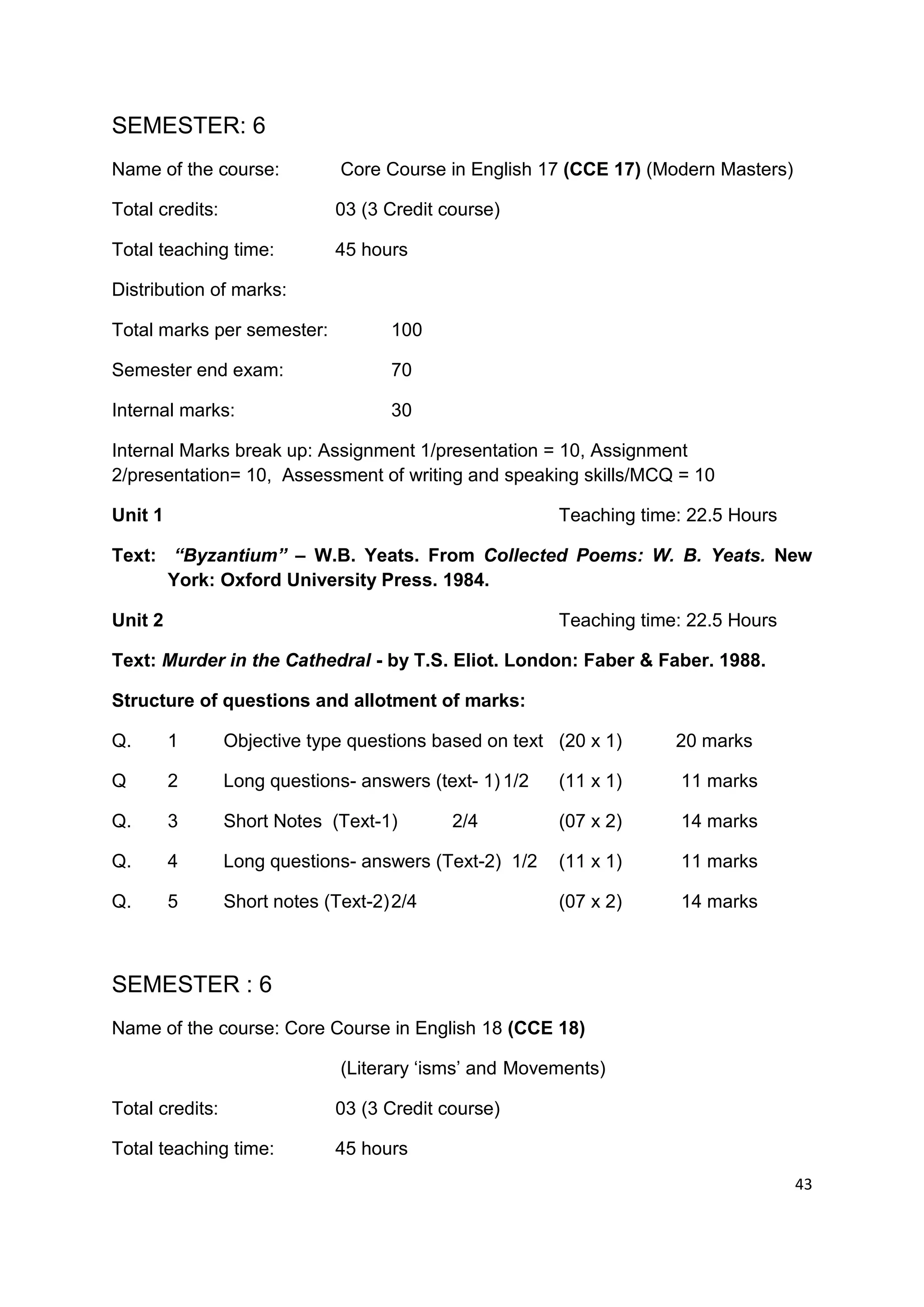 SEMESTER: 6
Name of the course:            Core Course in English 17 (CCE 17) (Modern Masters)

Total credits:                03 (3 Credit course)

Total teaching time:          45 hours

Distribution of marks:

Total marks per semester:            100

Semester end exam:                   70

Internal marks:                      30

Internal Marks break up: Assignment 1/presentation = 10, Assignment
2/presentation= 10, Assessment of writing and speaking skills/MCQ = 10

Unit 1                                                   Teaching time: 22.5 Hours

Text: “Byzantium” – W.B. Yeats. From Collected Poems: W. B. Yeats. New
      York: Oxford University Press. 1984.

Unit 2                                                   Teaching time: 22.5 Hours

Text: Murder in the Cathedral - by T.S. Eliot. London: Faber & Faber. 1988.

Structure of questions and allotment of marks:

Q.       1       Objective type questions based on text (20 x 1)      20 marks

Q        2       Long questions- answers (text- 1) 1/2   (11 x 1)     11 marks

Q.       3       Short Notes (Text-1)       2/4          (07 x 2)     14 marks

Q.       4       Long questions- answers (Text-2) 1/2    (11 x 1)     11 marks

Q.       5       Short notes (Text-2) 2/4                (07 x 2)     14 marks



SEMESTER : 6
Name of the course: Core Course in English 18 (CCE 18)

                               (Literary „isms‟ and Movements)

Total credits:                03 (3 Credit course)

Total teaching time:          45 hours
                                                                                     43
 