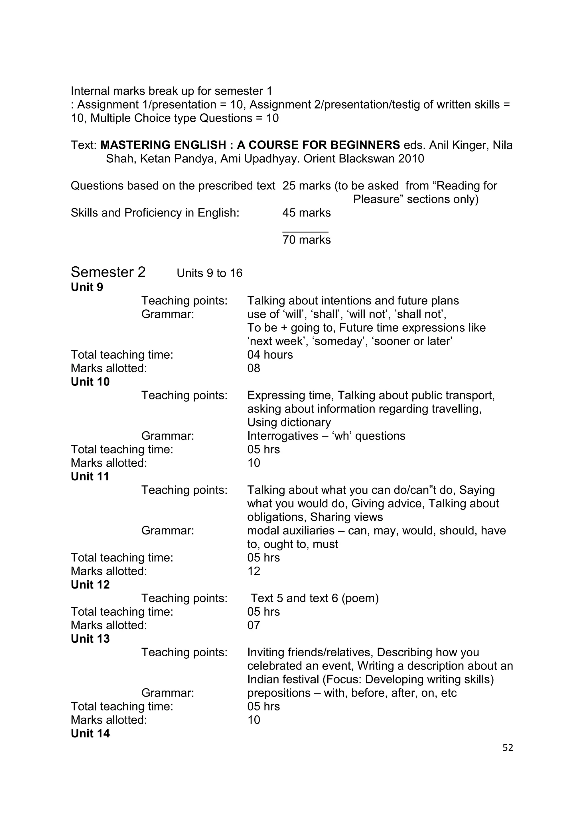Internal marks break up for semester 1
: Assignment 1/presentation = 10, Assignment 2/presentation/testig of written skills =
10, Multiple Choice type Questions = 10

Text: MASTERING ENGLISH : A COURSE FOR BEGINNERS eds. Anil Kinger, Nila
       Shah, Ketan Pandya, Ami Upadhyay. Orient Blackswan 2010

Questions based on the prescribed text 25 marks (to be asked from “Reading for
                                                    Pleasure” sections only)
Skills and Proficiency in English:     45 marks
                                       _______
                                       70 marks

Semester 2          Units 9 to 16
Unit 9
             Teaching points:       Talking about intentions and future plans
             Grammar:               use of „will‟, „shall‟, „will not‟, ‟shall not‟,
                                    To be + going to, Future time expressions like
                                    „next week‟, „someday‟, „sooner or later‟
Total teaching time:                04 hours
Marks allotted:                     08
Unit 10
              Teaching points:      Expressing time, Talking about public transport,
                                    asking about information regarding travelling,
                                    Using dictionary
              Grammar:              Interrogatives – „wh‟ questions
Total teaching time:                05 hrs
Marks allotted:                     10
Unit 11
              Teaching points:      Talking about what you can do/can‟t do, Saying
                                    what you would do, Giving advice, Talking about
                                    obligations, Sharing views
             Grammar:               modal auxiliaries – can, may, would, should, have
                                    to, ought to, must
Total teaching time:                05 hrs
Marks allotted:                     12
Unit 12
              Teaching points:       Text 5 and text 6 (poem)
Total teaching time:                05 hrs
Marks allotted:                     07
Unit 13
              Teaching points:      Inviting friends/relatives, Describing how you
                                    celebrated an event, Writing a description about an
                                    Indian festival (Focus: Developing writing skills)
              Grammar:              prepositions – with, before, after, on, etc
Total teaching time:                05 hrs
Marks allotted:                     10
Unit 14
                                                                                       52
 